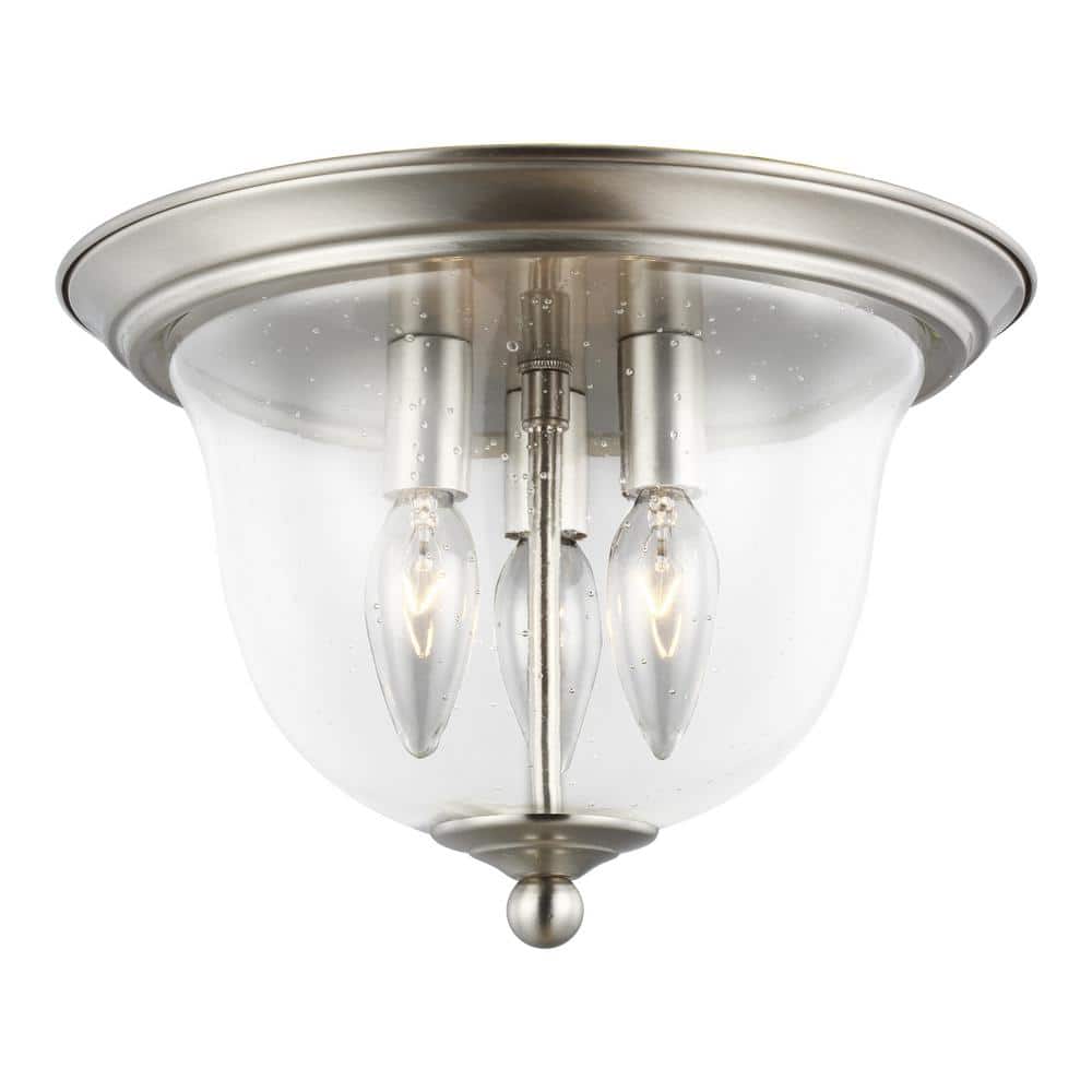 Vintage-Inspired Brushed Nickel 3-Light Flush Mount with Seeded Glass