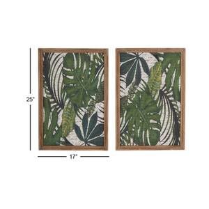 Wood Green Tropical Leaf Wall Decor with Brown Frame (Set of 2)