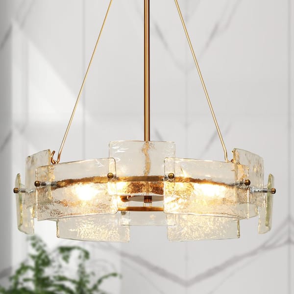 20.5 in. 6-Light Brass Modern Drum Chandelier, Farmhouse Island Pendant Light, DIY Gold Chandelier with Water Glass