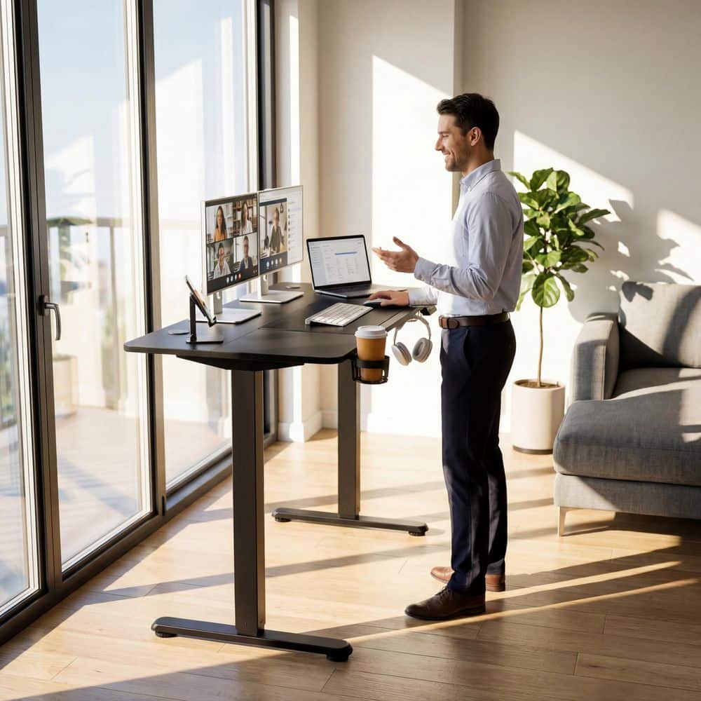 A man using a black electric standing desk at a standing height.
