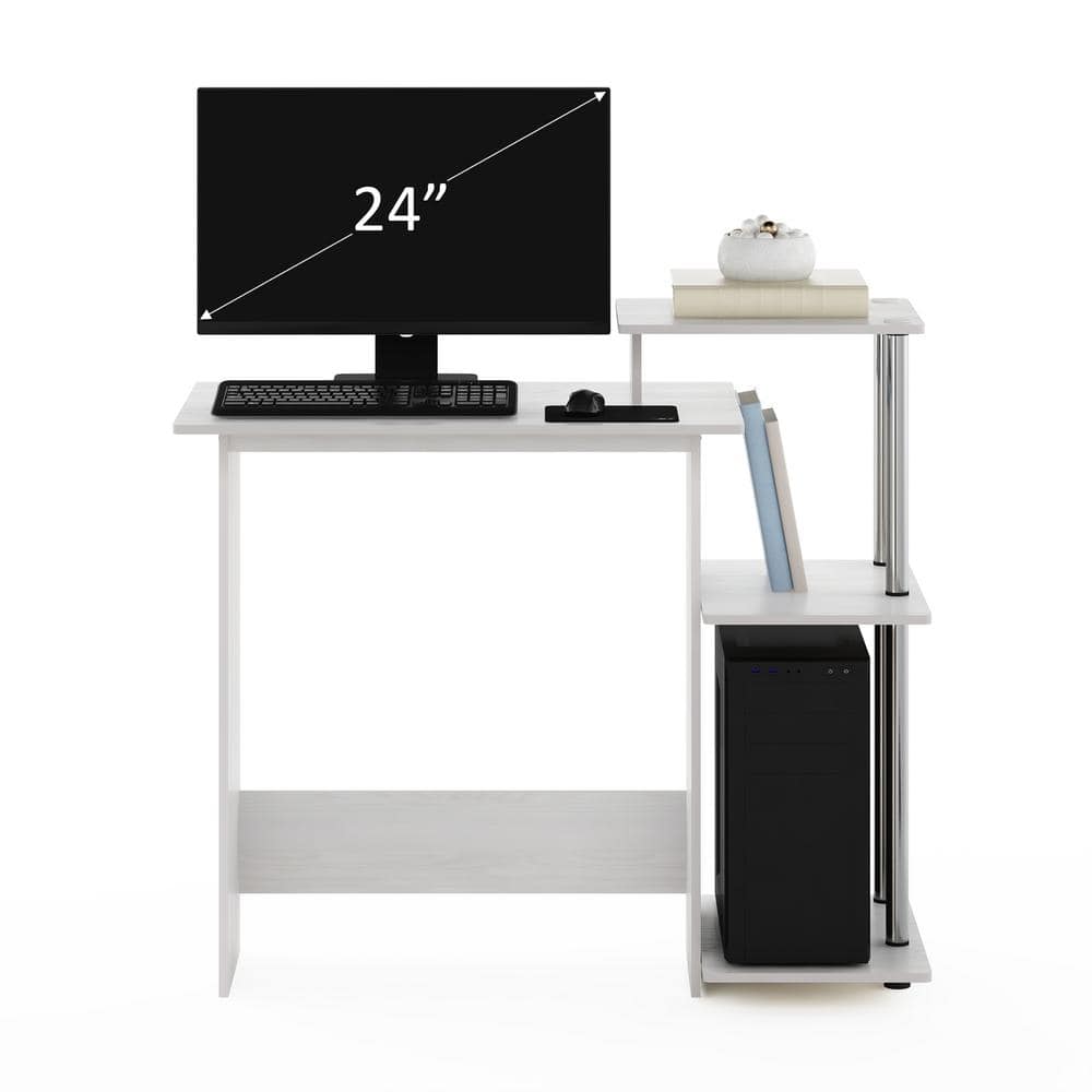 White oak computer desk setup with a monitor and accessories.