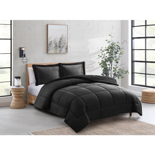 Sweet Home Collection Dante 3-Piece Solid Fleece Sherpa Super Soft Comforter Set, King, Black