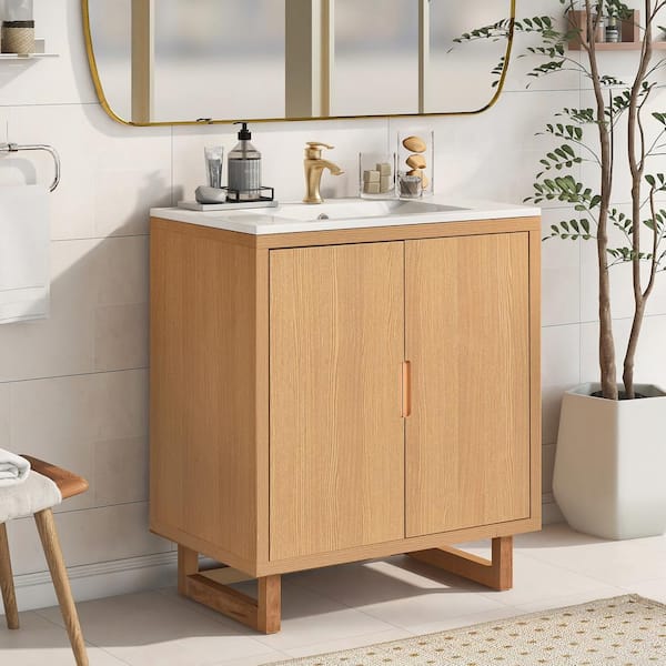 Magic Home 30 in. x 18 in. x 34 in. Transitional Freestanding Bath Vanity Burly Wood Cabinet in Brown with White Caremic Sink Top