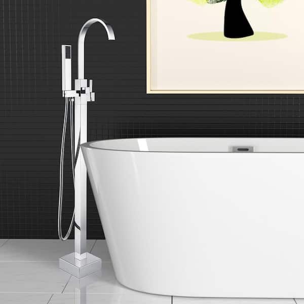 Single-Handle Floor Mount Freestanding Tub Faucet with Hand Shower in Chrome