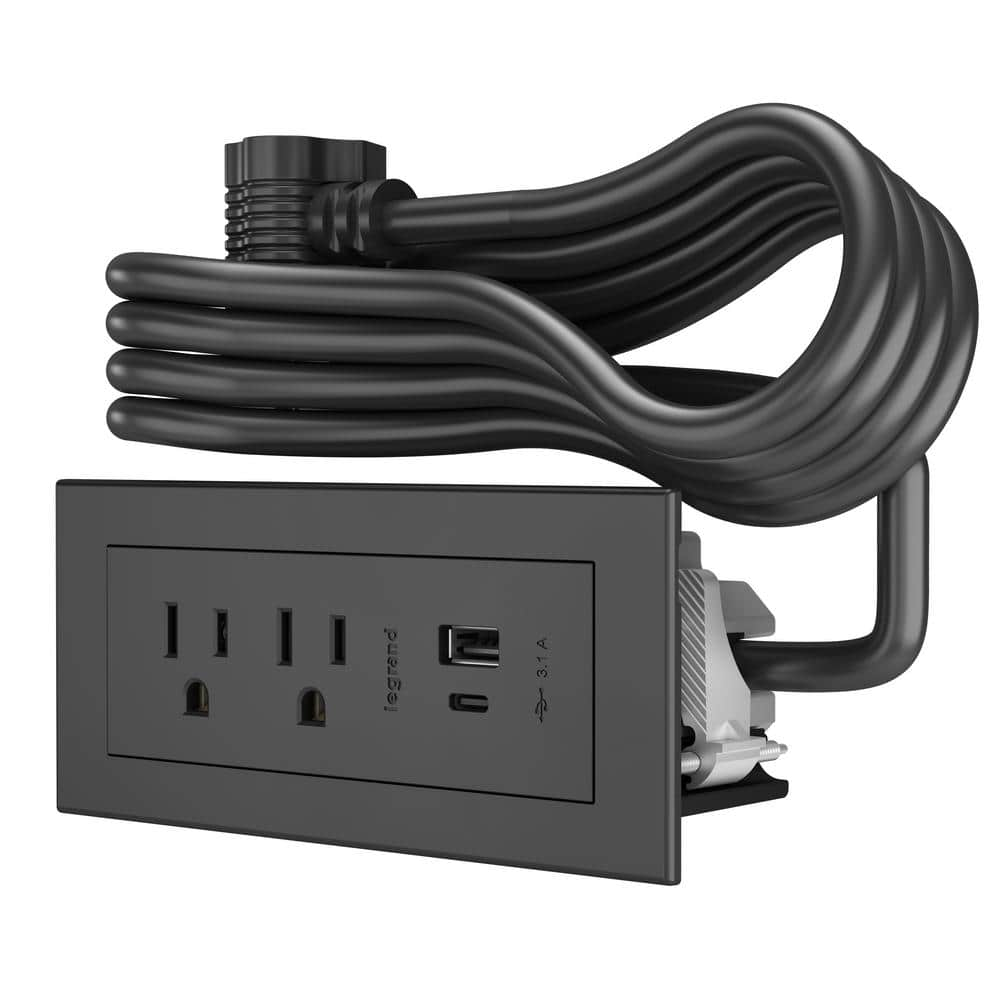 Legrand 10 ft. Cord 15 Amp 2-Outlet and 2 Type A/C USB radiant Furniture Power Strip in Black