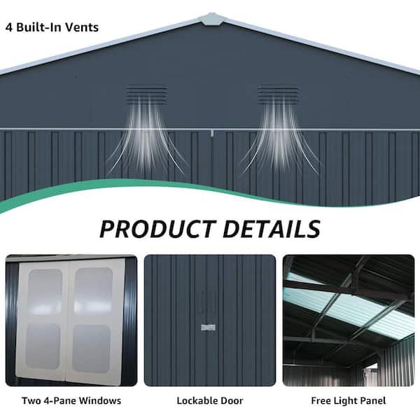 13 ft. W x 20 ft. D Gray Metal Outdoor Garage Shed with Windows