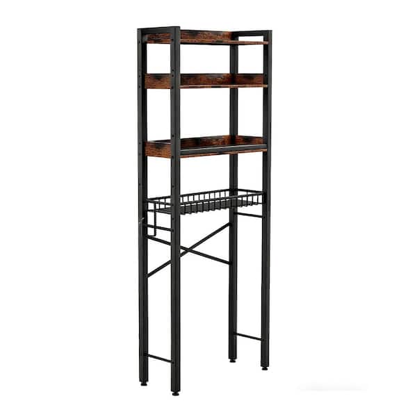 Brown 4 Tier Bathroom Organizer Storage With Adjustable Shelf Feet Pad Basket, Over The Toilet Storage Cabinet