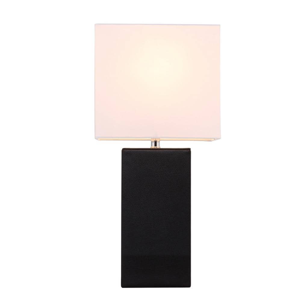 Modern Black Leather Rectangular Table Lamp with White Fabric Shade