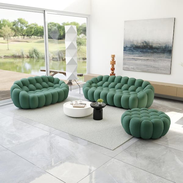 Armless Fabric 98.4 in. Curved Sectional Sofa 3-Seat Floor Bubble Couch with Loveseat, Ottoman in Green (Set of 3)