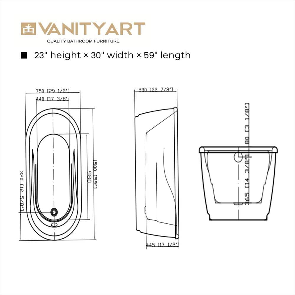 59-Inch White Acrylic Freestanding Soaking Bathtub
