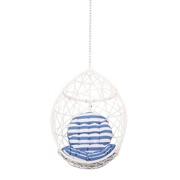 JimsMaison 1-Person Wicker Egg Swing with Blue Cushions