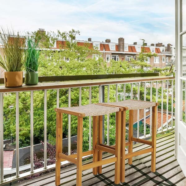 Patio PE Wicker Outdoor Bar Stools with Acacia Wood Frame Bar Height Chairs Poolside (2-Pack)