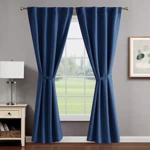 Tobie Navy Jacquard Polyester 38 in. W x 84 in. L Back Tab Blackout Curtain (2-Panels with 2-Tiebacks)