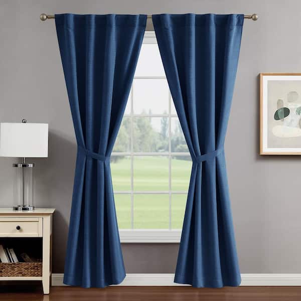 CREATIVE HOME IDEAS Tobie Navy Jacquard Polyester 38 in. W x 84 in. L Back Tab Blackout Curtain (2-Panels with 2-Tiebacks)