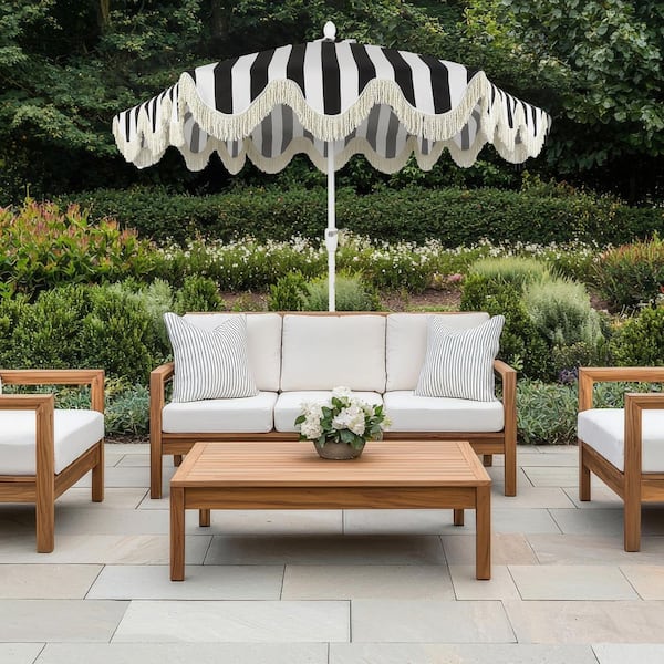 black and white outdoor patio umbrella SAFAVIEH - Vienna 9-Foot Crank - & Canopy - Brown Aluminum Pole - Single Scallop Trim Design makes an unapologetically striking statement Sunbrella Pagoda Umbrella with Push-Lift