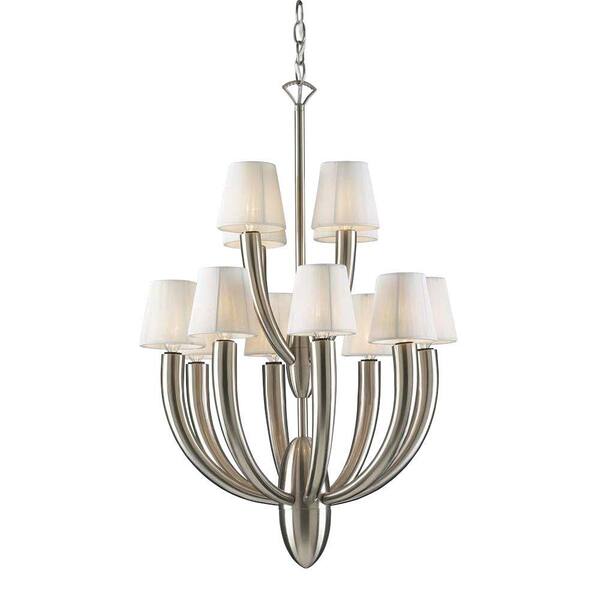 PLC Lighting 12 Light Chandelier Satin Nickel Finish Linen Shade