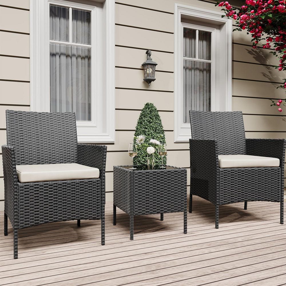 All-Weather Outdoor Black 3-Piece Wicker Patio Conversation Set with Soft Polyester Beige Cushions price history on PriceWatchPro