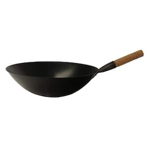 Large 15.75 in. Black Cool Roll Iron Wok with Wood Handle