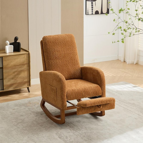 Caramel Boucle Fabric Rocking Chair with Retractable Footrest Nursery Glider Rocker Accent Armchair with Side Pocket XS MD9146541 The Home Depot