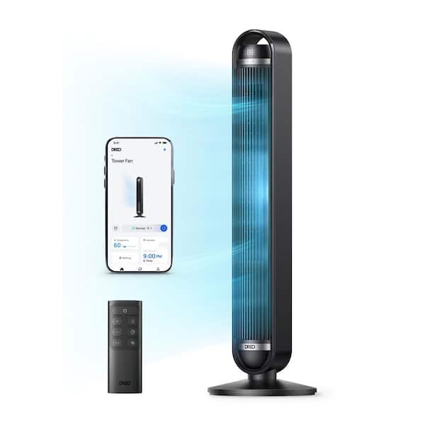 42 in. Smart Tower Fan, 9-Speeds, 12 H Timer, 90° Oscillation with Remote, DC Motor, Wi-Fi Voice Control in Black