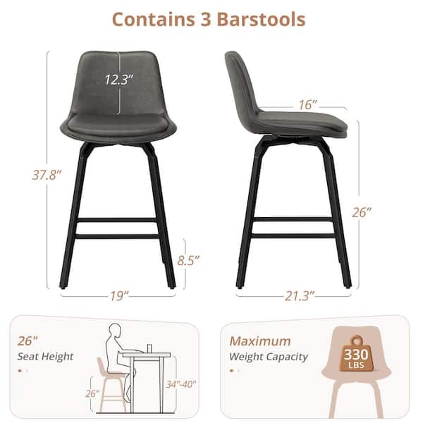 37 in. YANNISH Deep Gray Faux Leather Counter Height Stool Metal Frame Double-cushioned Swivel Bar Stool(Set Of 4)