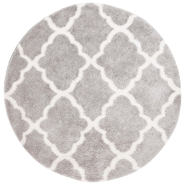 Tahoe Shag 7 ft. x 7 ft. White/Silver Trellis Diamond Round Area Rug