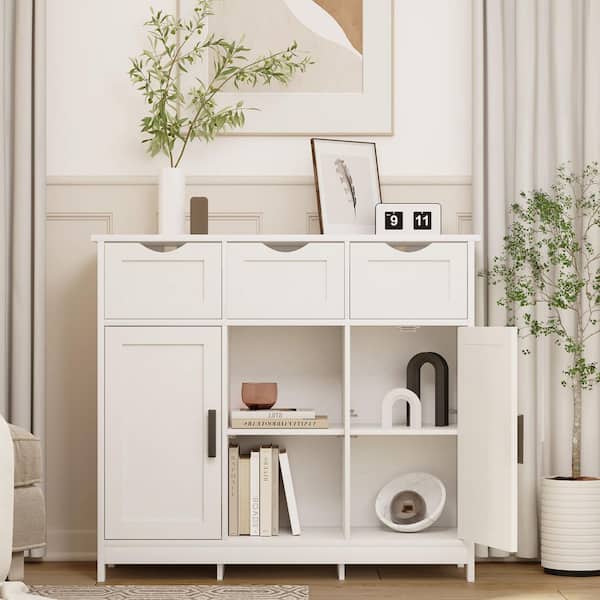 Tahanbath White Wooden Floor Storage Cabinet with Drawers and Shelves, Suitable for Living Room, Bedroom, Bathroom Decor