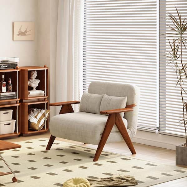 JASIWAY 41.73 in. Beige Twin Size Folding Linen Sofa with Boxwood Frame