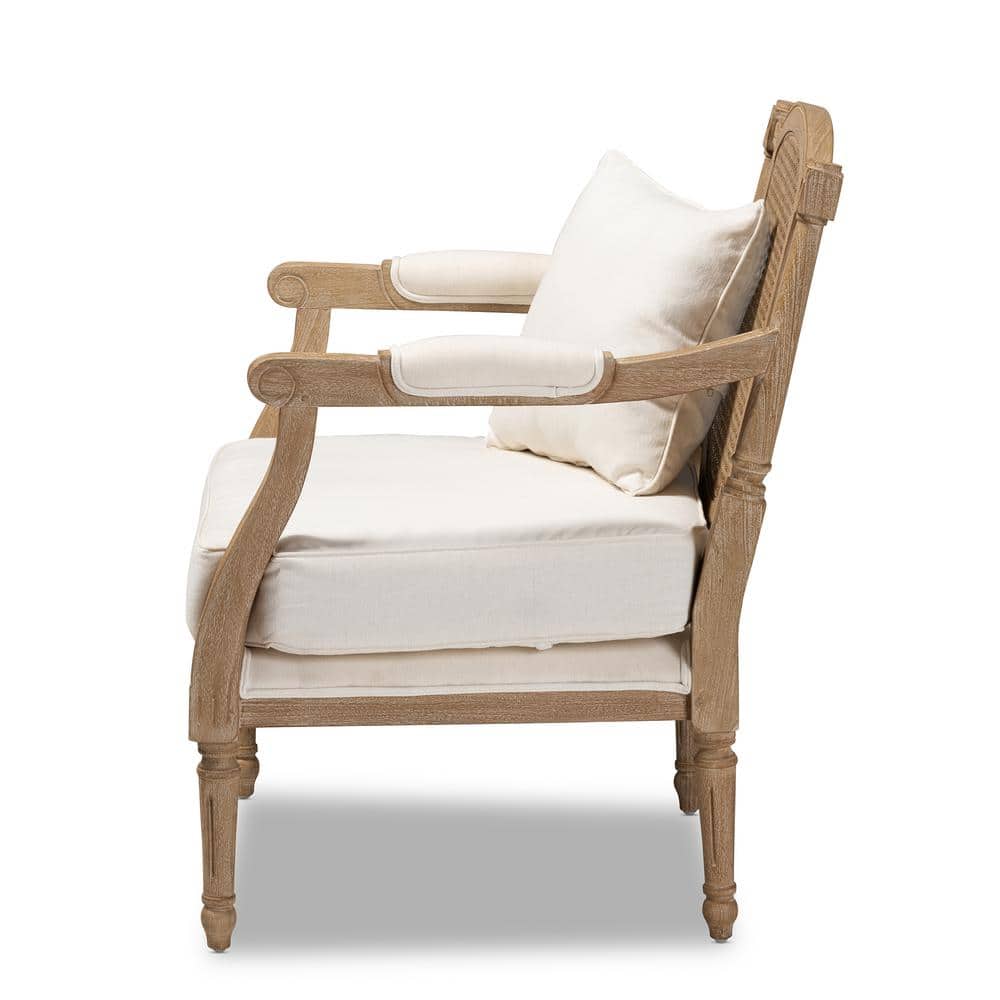 Antique Whitewashed Mahogany Wood Barrel Accent Chair in Ivory