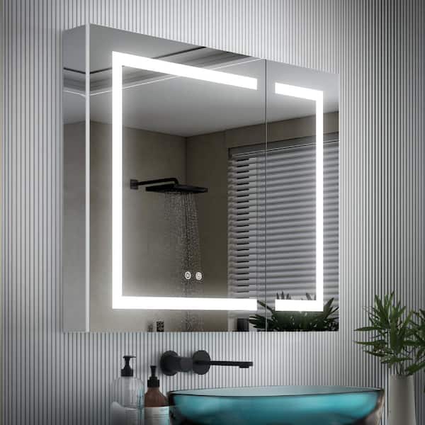ANGELES HOME 36 in. W x 30 in. H Rectangular Recessed/Surface LED Mirror Cabinet with Mirror Light Defogger,Dimmer,Outlets,USB Ports