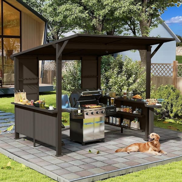 Kadehome 9 ft. x 10 ft. Hardtop Grill Gazebo with Storage Shelves