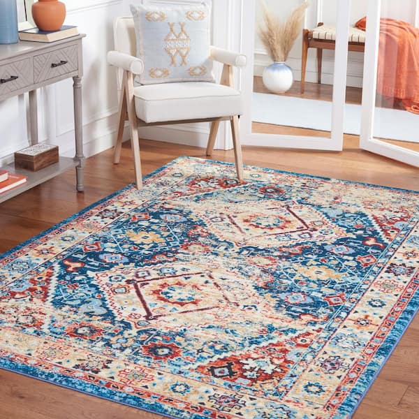 Riviera Blue/Gold 7 ft. x 7 ft. Machine Washable Medallion Border Square Area Rug