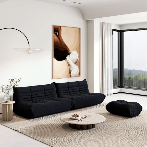 (Set of 3) Black Velvet Polyester Large 45-72 in. Fireside Lazy Bean Bag Chair Rebound Sponge Floor Sofa with Ottoman