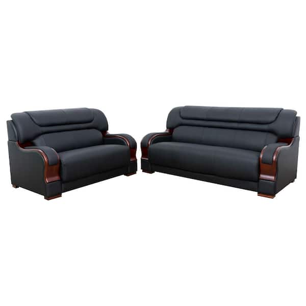 Star Home Living 25 in. W Rolled Arm 2-Piece Leather Straight Sectional Sofa in Black