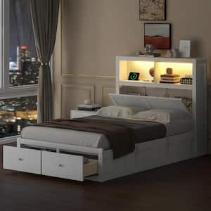 White Wood Frame Full Platform Bed with Side-Tilt Hydraulic Storage, Storage LED Headboard, USB Charging, 2-Drawers