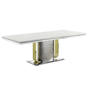 Fadri Engineering Marble, Mirrored Silver and Gold Finish Marble 39 in. Pedestal Dining Table Seats 8