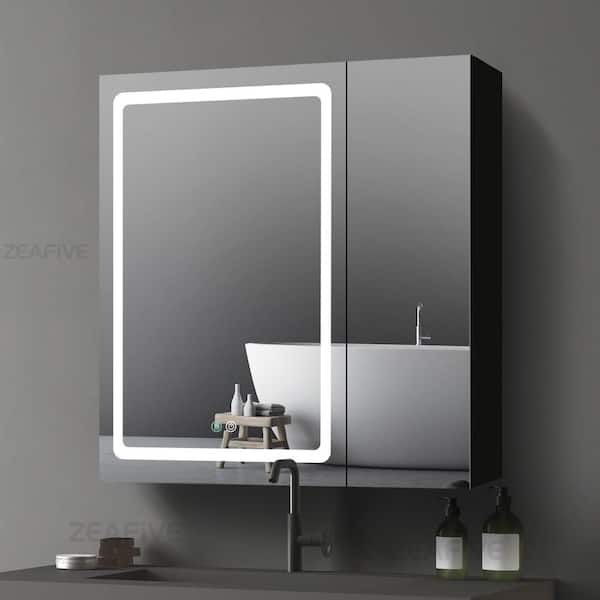 Zeafive 30 in. W x 30 in. H Surface Mount Rectangular Black Aluminum Defogging Lighted Bathroom Medicine Cabinet with Mirror