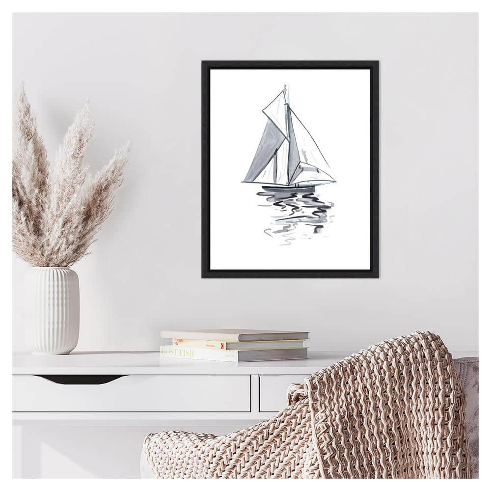 Blue Boat I Black and White Canvas Wall Art with Black Frame