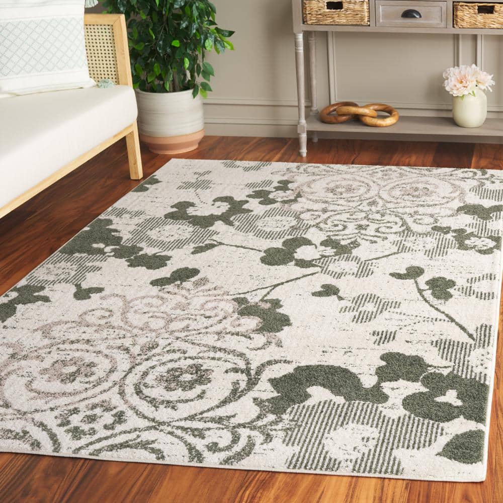 Ivory and Dark Green Floral Square Area Rug, 6' x 6'