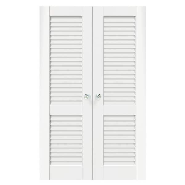48 in. x 80 in. Composite, MDF, Louvered Panel, Primed, White Interior Door Slab With Silver Sphere Doorknob
