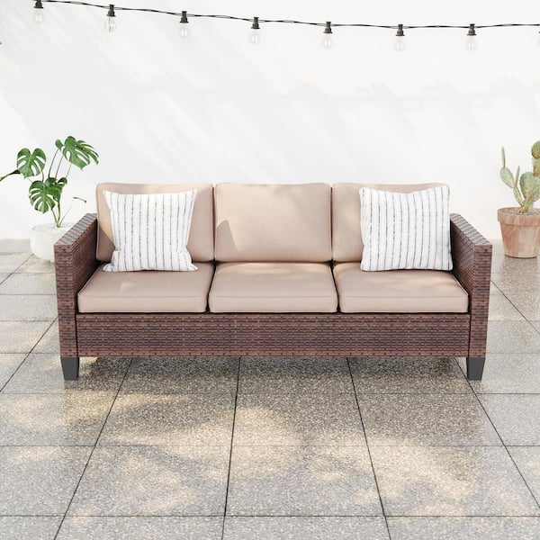 Sonkuki 1-Piece Metal Frame Brown Wicker Patio Conversation Seating Set with Sand Cushion