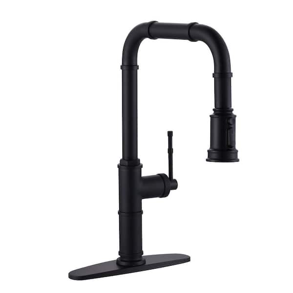Industrial 17.9 in. Single Handle Pull Down Sprayer Kitchen Faucet with 360° swivel spout in Matte Black
