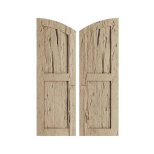 12 in. x 70 in. Polyurethane Timberthane Hand Hewn Two Equal Flat Panel Elliptical Top Faux Wood Shutters Primed Tan