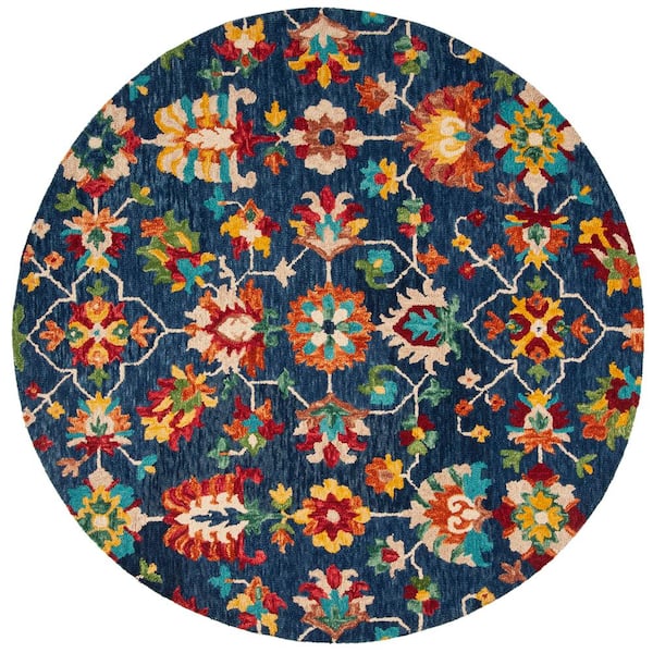 Aspen Navy/Red Doormat 3 ft. x 3 ft. Floral Round Area Rug