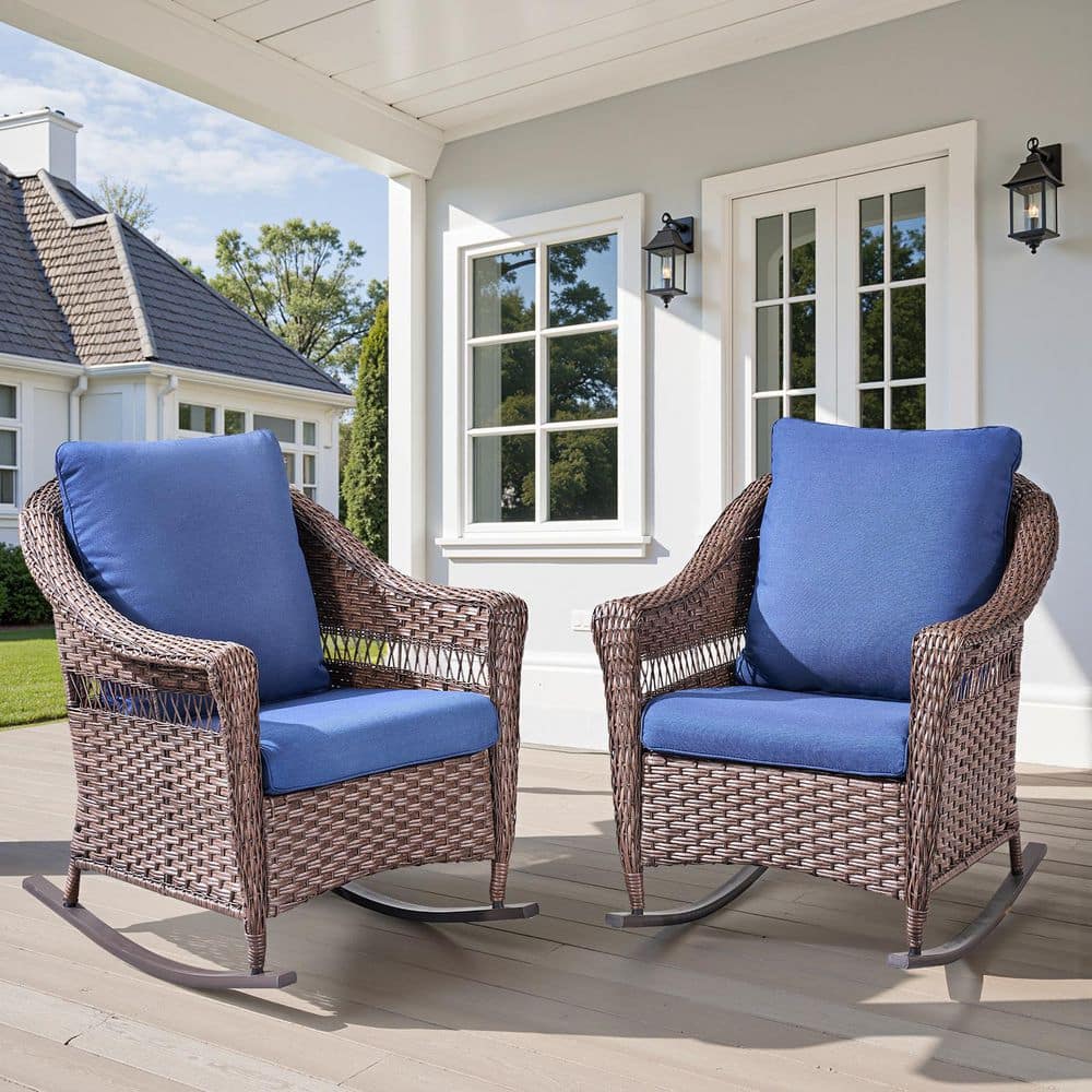 Buenaola Brown Wicker Outdoor Rocking Chair with Blue