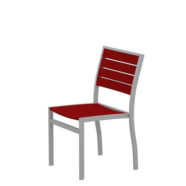 POLYWOOD Euro Textured Silver Patio Dining Side Chair with Sunset Red Slats