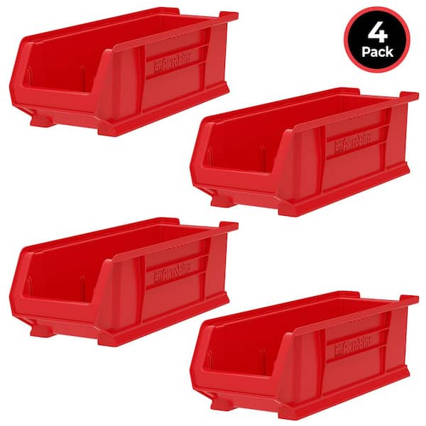 Super-Size Stackable Plastic Tool Storage Tote/ Organizer, 23.9 in. D x 8.3 in. W x 7 in. H, 14 qt. Red, 4-Pack