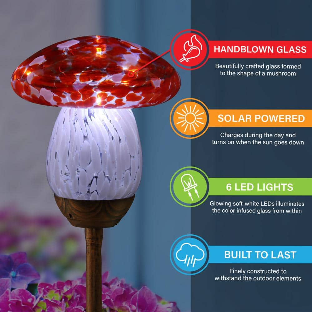 Solar Red and White Glass Mushroom Garden Stake Light