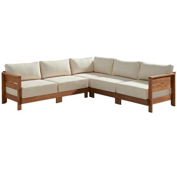 Alaterre Furniture Barton Wood Weather-Resistant Outdoor Sectional with Stain-Resistant White Cushions