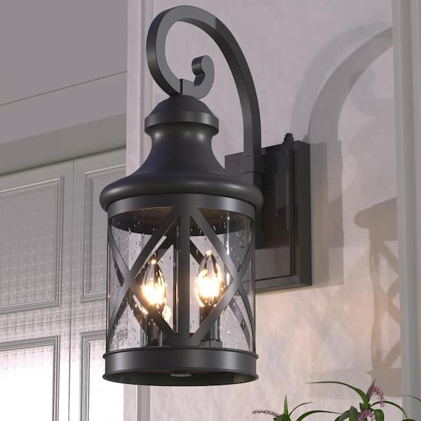 Hawaii 17 in. H 2-Light Black Classic Lantern Dusk to Dawn Hardwired Sconce with Water Glass